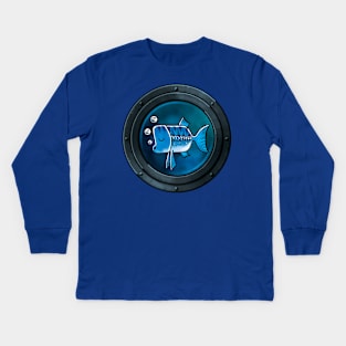 A Sleepy Blue Fish framed by a Porthole Kids Long Sleeve T-Shirt